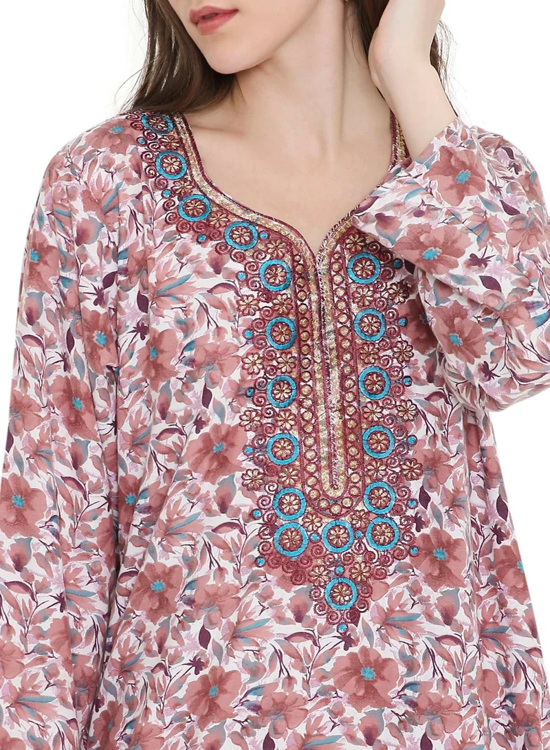 HANA & SARA arabic kaftan jalabiya dress with a long distinctive flower print and thread embroidery
