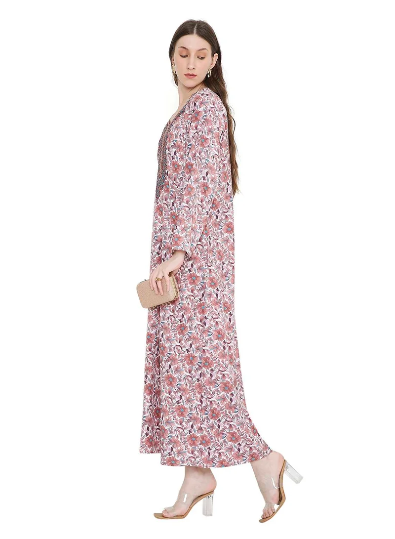 HANA & SARA arabic kaftan jalabiya dress with a long distinctive flower print and thread embroidery
