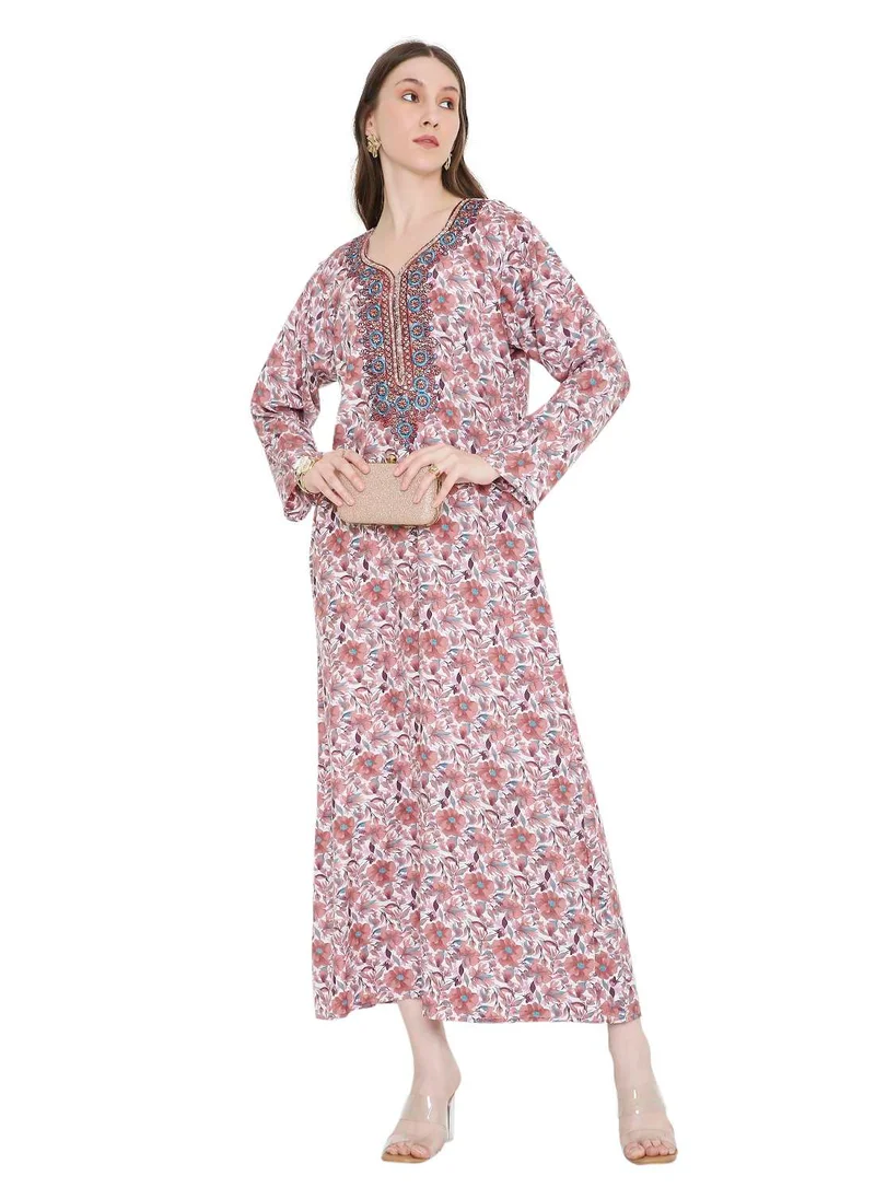 هانا آند سارا arabic kaftan jalabiya dress with a long distinctive flower print and thread embroidery
