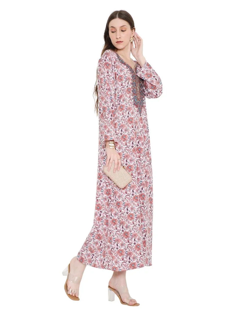 HANA & SARA arabic kaftan jalabiya dress with a long distinctive flower print and thread embroidery