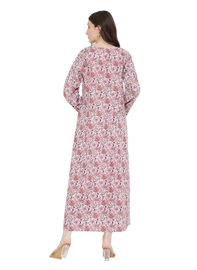 هانا آند سارا arabic kaftan jalabiya dress with a long distinctive flower print and thread embroidery