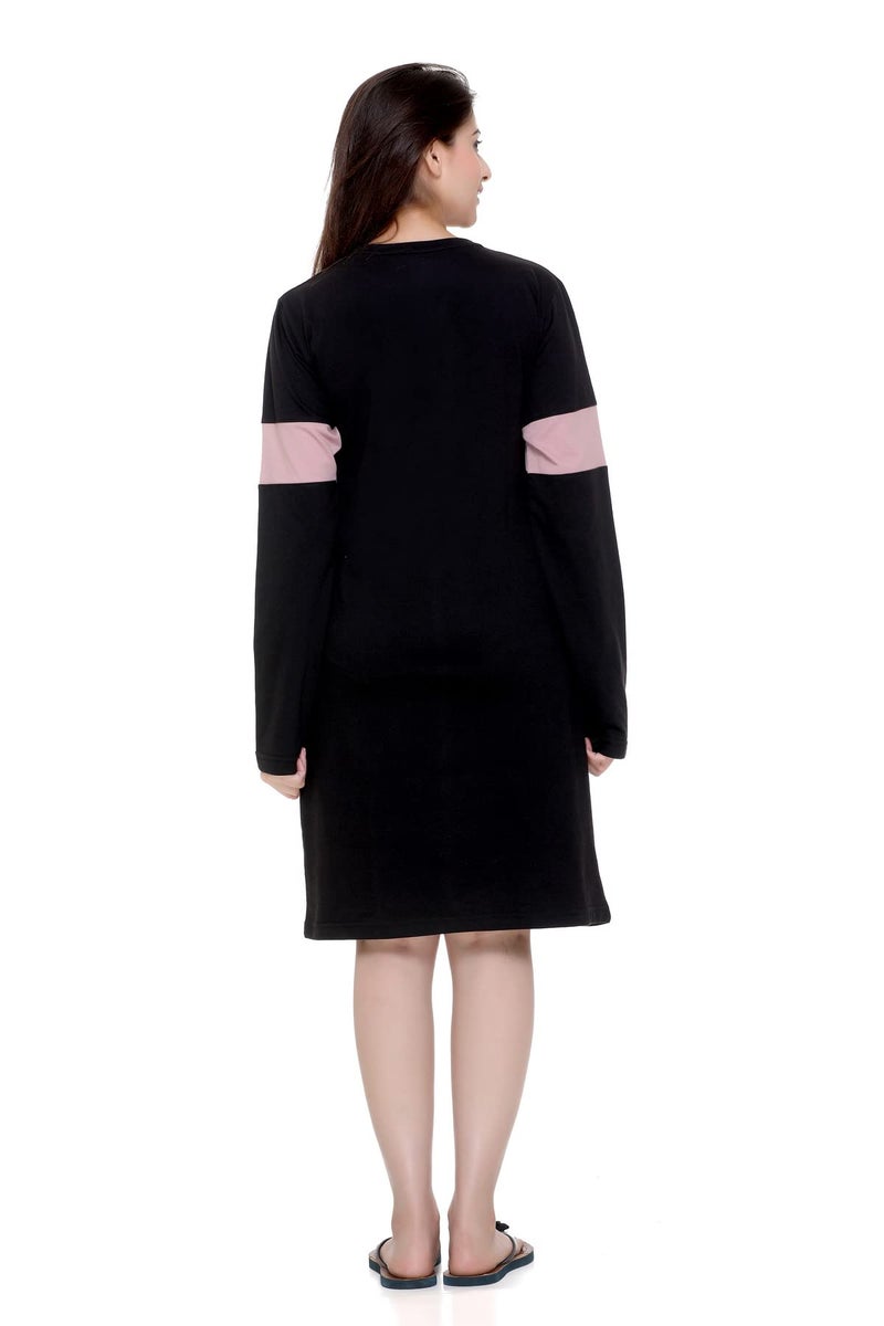 Plush Women's Cotton T-Shirt Knee Length Dress/Girls Bodycon Striped Midi Dress (L-BL) Black - Image 5