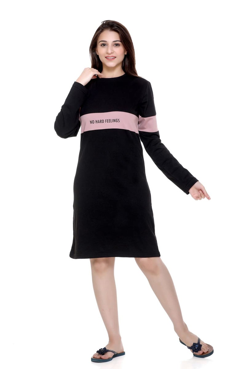 Plush Women's Cotton T-Shirt Knee Length Dress/Girls Bodycon Striped Midi Dress (L-BL) Black - Image 1