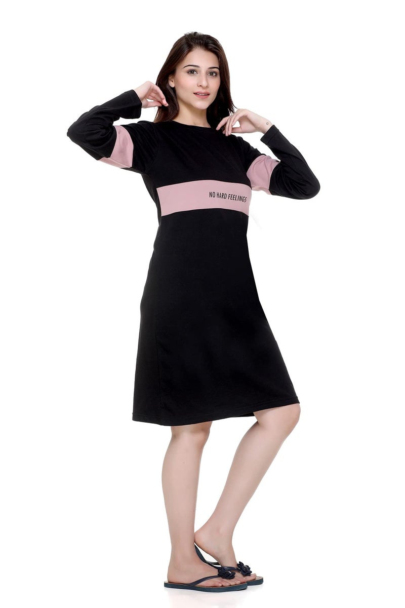 Plush Women's Cotton T-Shirt Knee Length Dress/Girls Bodycon Striped Midi Dress (L-BL) Black - Image 3