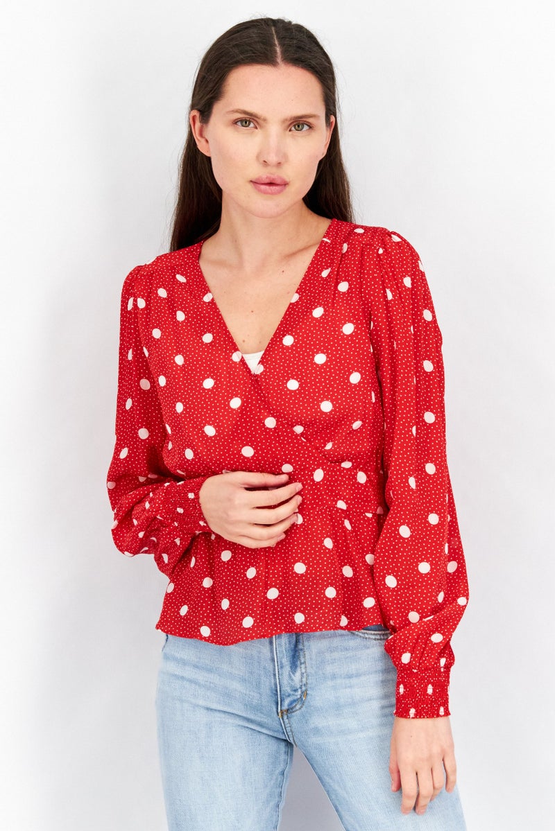 THE KOOPLES Women Lapel Long Sleeve Polka Dots Top, Red  - Image 1