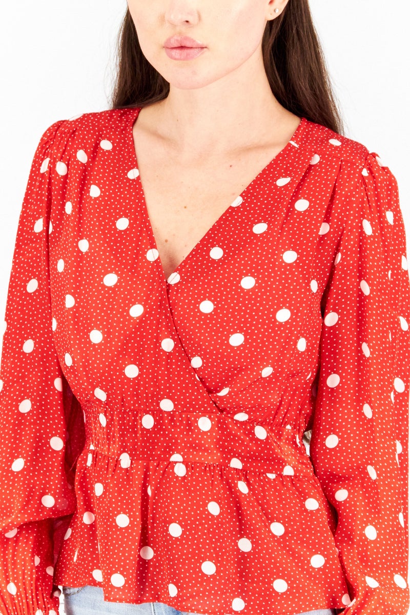 THE KOOPLES Women Lapel Long Sleeve Polka Dots Top, Red  - Image 3