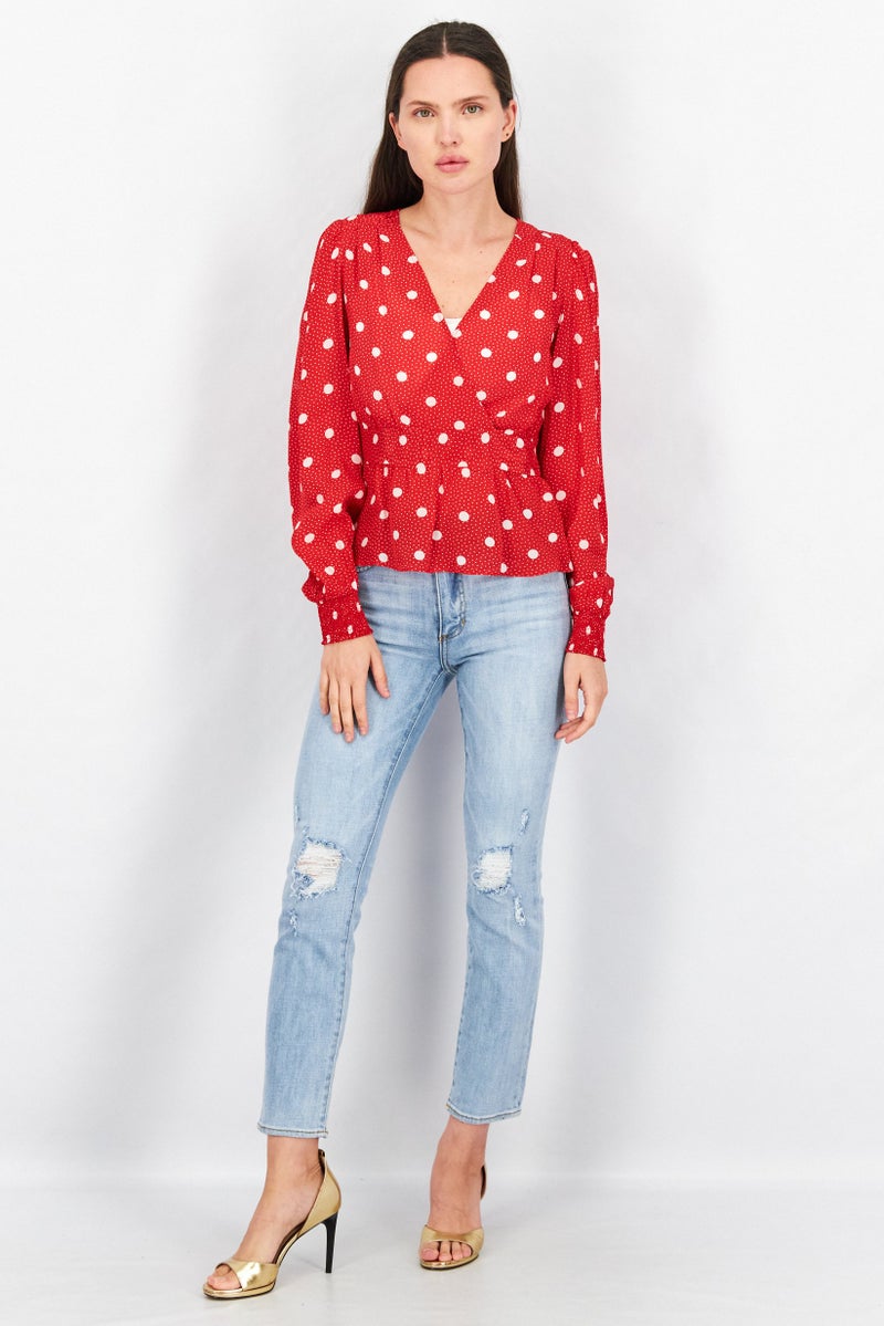 THE KOOPLES Women Lapel Long Sleeve Polka Dots Top, Red  - Image 2
