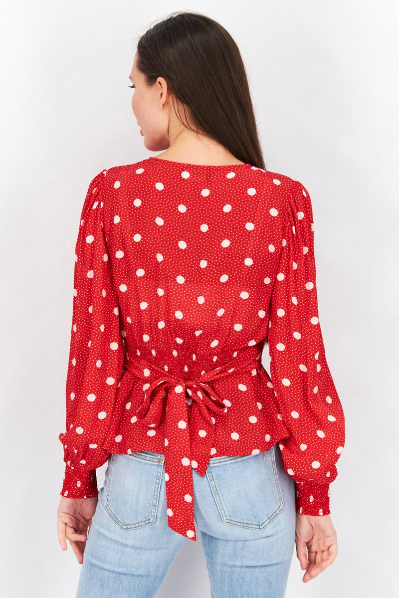 THE KOOPLES Women Lapel Long Sleeve Polka Dots Top, Red  - Image 4