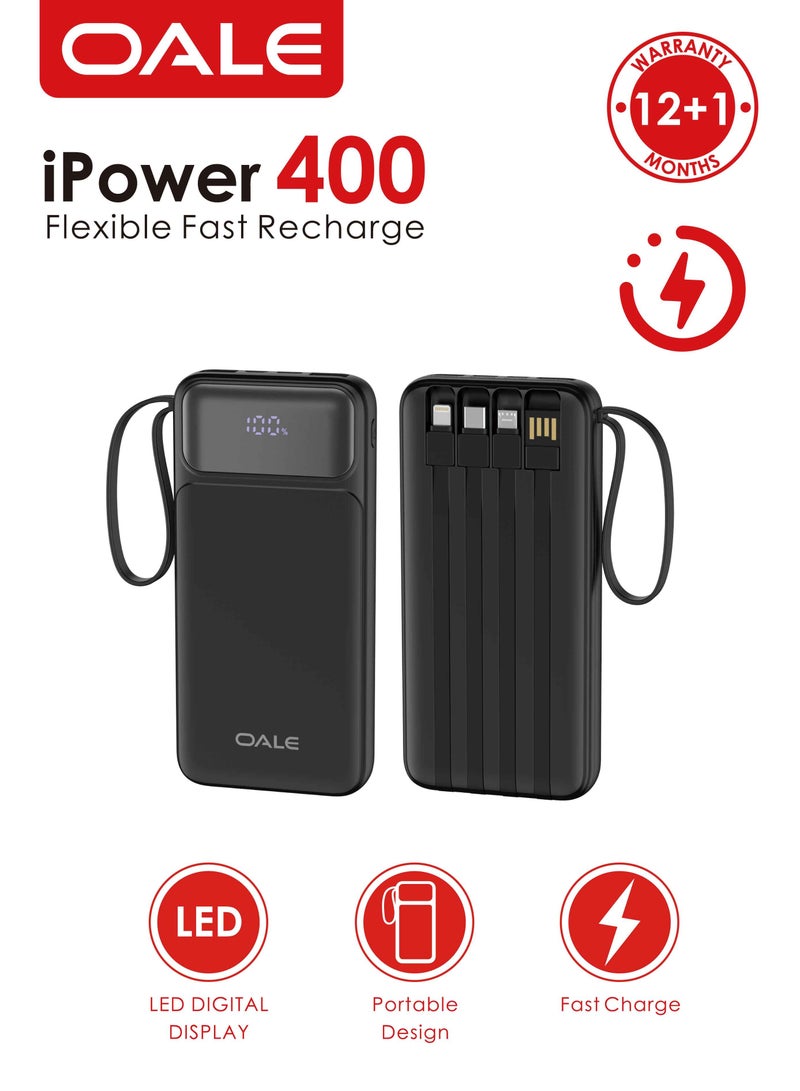 OALE iPower 400 Power Bank 10000mAh, 10.5W Fast Charging, Built-in 4 Cables (Type-C, Lightning, Micro, USB-A), Power Level Indicator, Hand Strap Design - Image 1