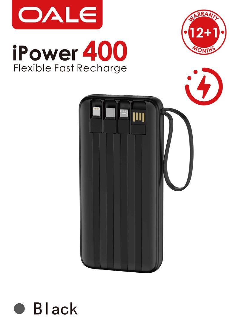 OALE iPower 400 Power Bank 10000mAh, 10.5W Fast Charging, Built-in 4 Cables (Type-C, Lightning, Micro, USB-A), Power Level Indicator, Hand Strap Design - Image 2