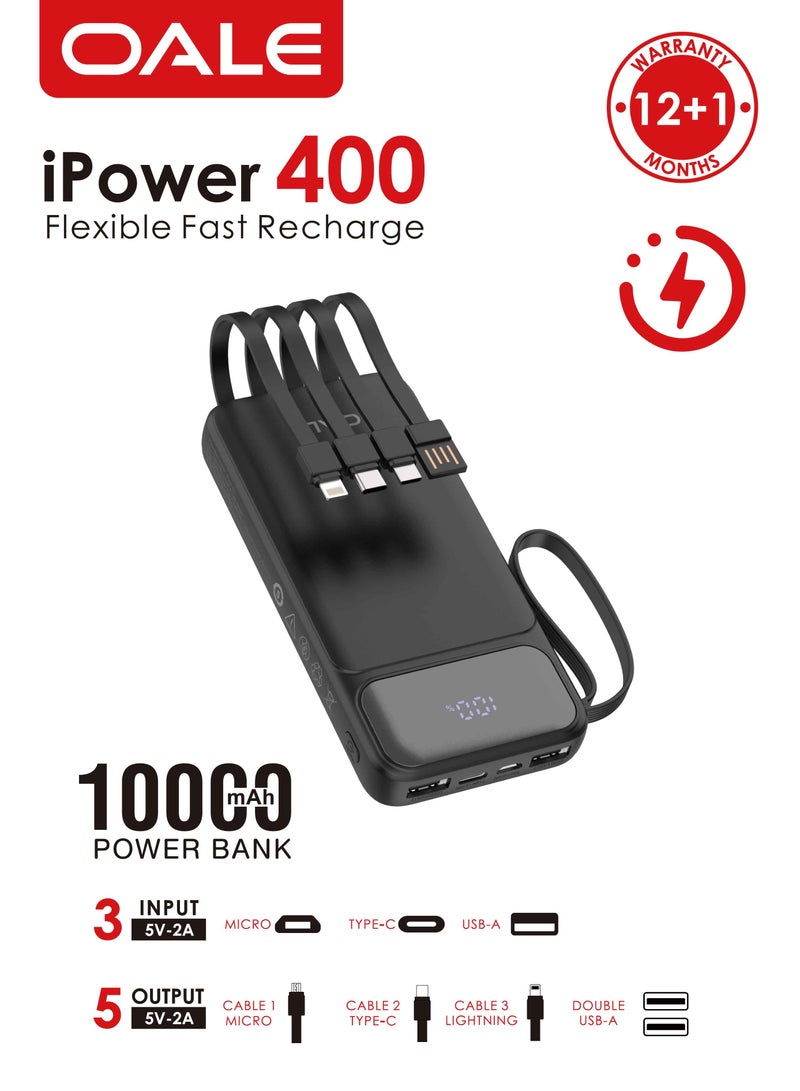 OALE iPower 400 Power Bank 10000mAh, 10.5W Fast Charging, Built-in 4 Cables (Type-C, Lightning, Micro, USB-A), Power Level Indicator, Hand Strap Design - Image 3