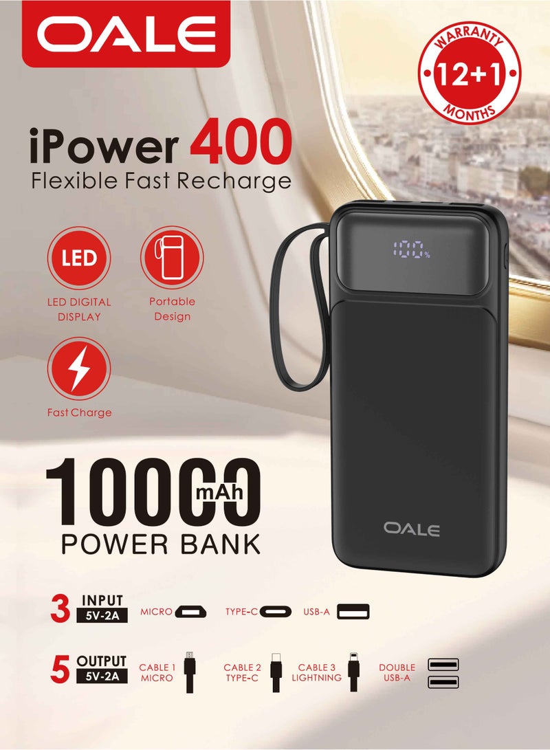 OALE iPower 400 Power Bank 10000mAh, 10.5W Fast Charging, Built-in 4 Cables (Type-C, Lightning, Micro, USB-A), Power Level Indicator, Hand Strap Design - Image 4