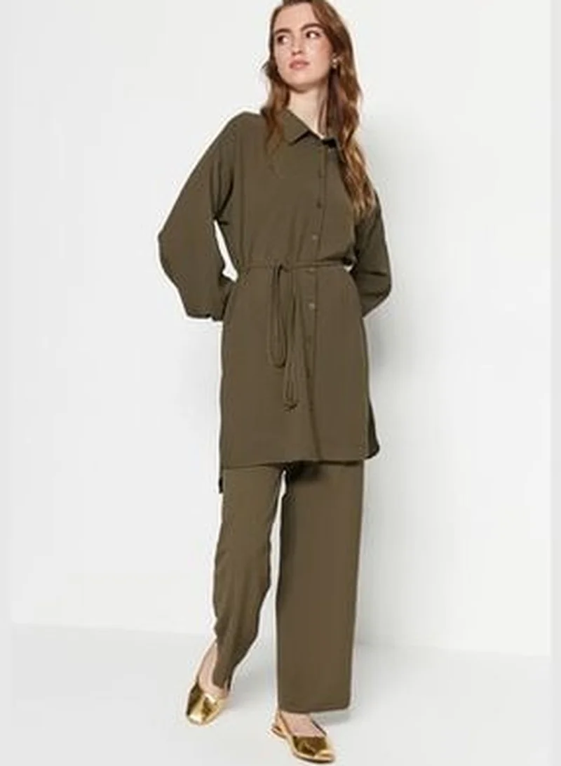 trendyol Khaki Belt Woven Aerobin Shirt-Pants Set