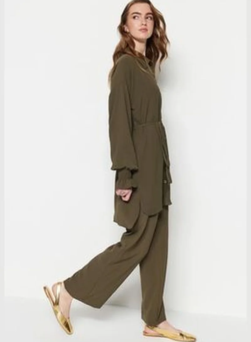 trendyol Khaki Belt Woven Aerobin Shirt-Pants Set