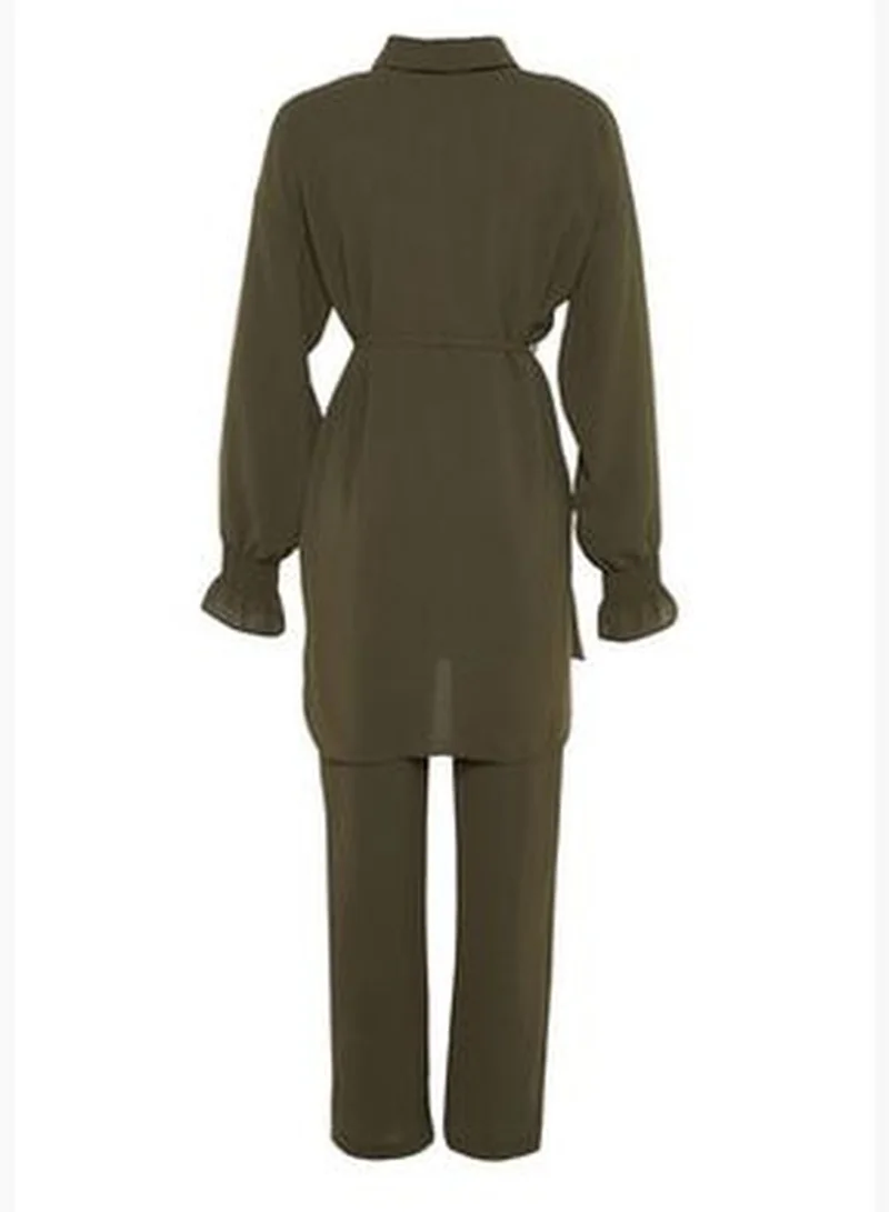 trendyol Khaki Belt Woven Aerobin Shirt-Pants Set