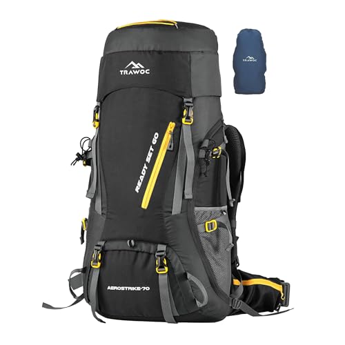 TRAWOC AEROSTRIKE 70L Travel Backpack for Hiking Trekking Bag Camping Rucksack Bag for Men & Women with Rain Cover/Shoe Compartment HK008 BLACK, 3 Year Warranty - Image 1