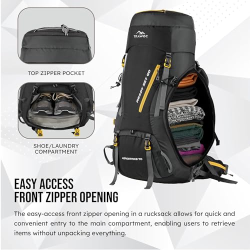 TRAWOC AEROSTRIKE 70L Travel Backpack for Hiking Trekking Bag Camping Rucksack Bag for Men & Women with Rain Cover/Shoe Compartment HK008 BLACK, 3 Year Warranty - Image 4