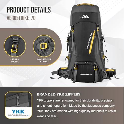 TRAWOC AEROSTRIKE 70L Travel Backpack for Hiking Trekking Bag Camping Rucksack Bag for Men & Women with Rain Cover/Shoe Compartment HK008 BLACK, 3 Year Warranty - Image 5