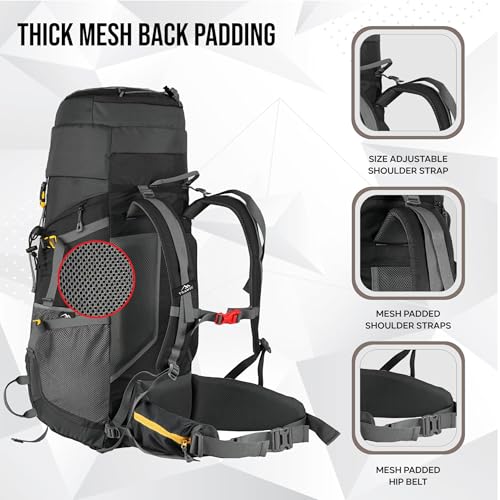 TRAWOC AEROSTRIKE 70L Travel Backpack for Hiking Trekking Bag Camping Rucksack Bag for Men & Women with Rain Cover/Shoe Compartment HK008 BLACK, 3 Year Warranty - Image 3