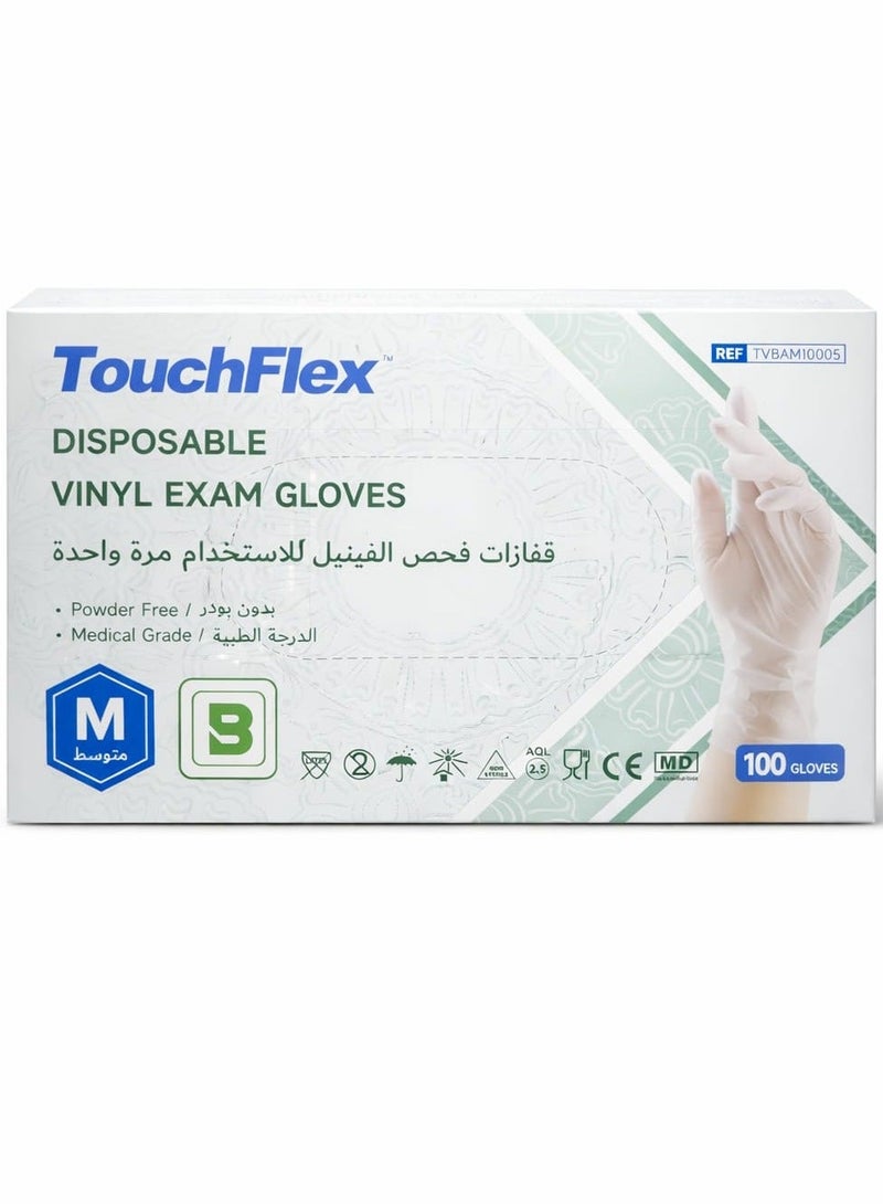 TouchFlex Disposable Vinyl Exam Gloves Medium Powder Free, Latex Free Medical Grade Protective Gloves for Medical, Cleaning & Food Handling Box of 100 - Image 2