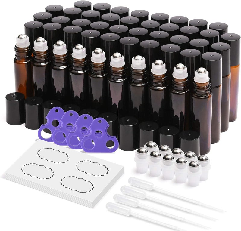 ULG 48Pack Essential Oil Roller Bottles 10ml Empty Bottles with Stainless Steel Roller Balls and Waterproof Labels Amber Roller Balls For Essential Oils