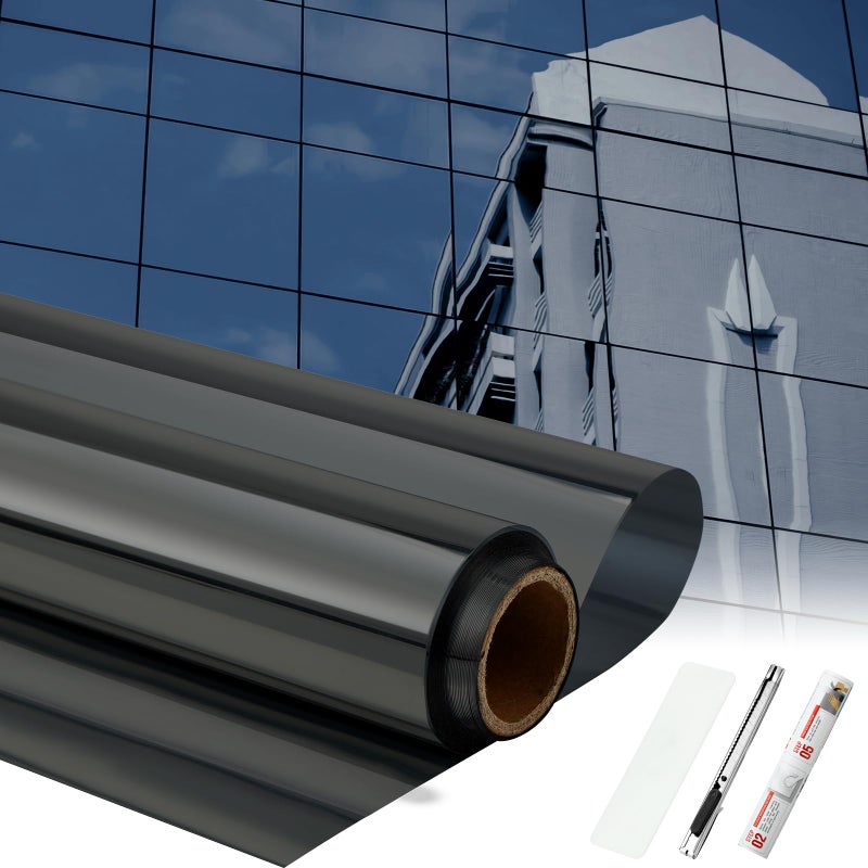 Pushglossy 36 Inchx26 ft One Way Window Film Privacy Daytime Reflective Mirror Window Tint Sun Blocking Thermal Insulated Film Heat Control Static Cling Tint Anti UV Home Office (Black Silver) - Image 1