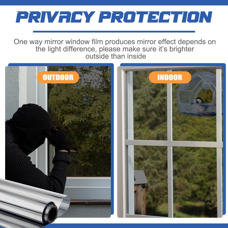 Pushglossy 36 Inchx26 ft One Way Window Film Privacy Daytime Reflective Mirror Window Tint Sun Blocking Thermal Insulated Film Heat Control Static Cling Tint Anti UV Home Office (Black Silver) - Image 5