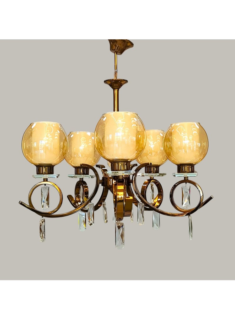 Classic metal chandelier 5 crystal bulbs, luxurious design and perfect lighting