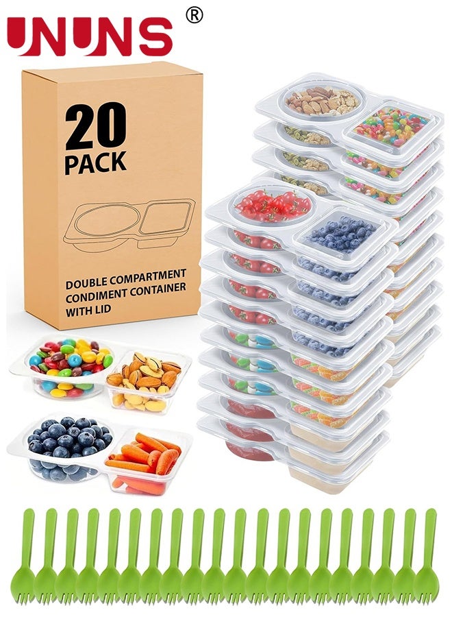 UNUNS Snack Containers,20pcs Reusable Snack Containers, Double-Compartment Condiment Containers with Lids, Meal Packaging Containers with Spoons for School, Kitchen,Office Lunches,and Takeout Sauces, - Image 1