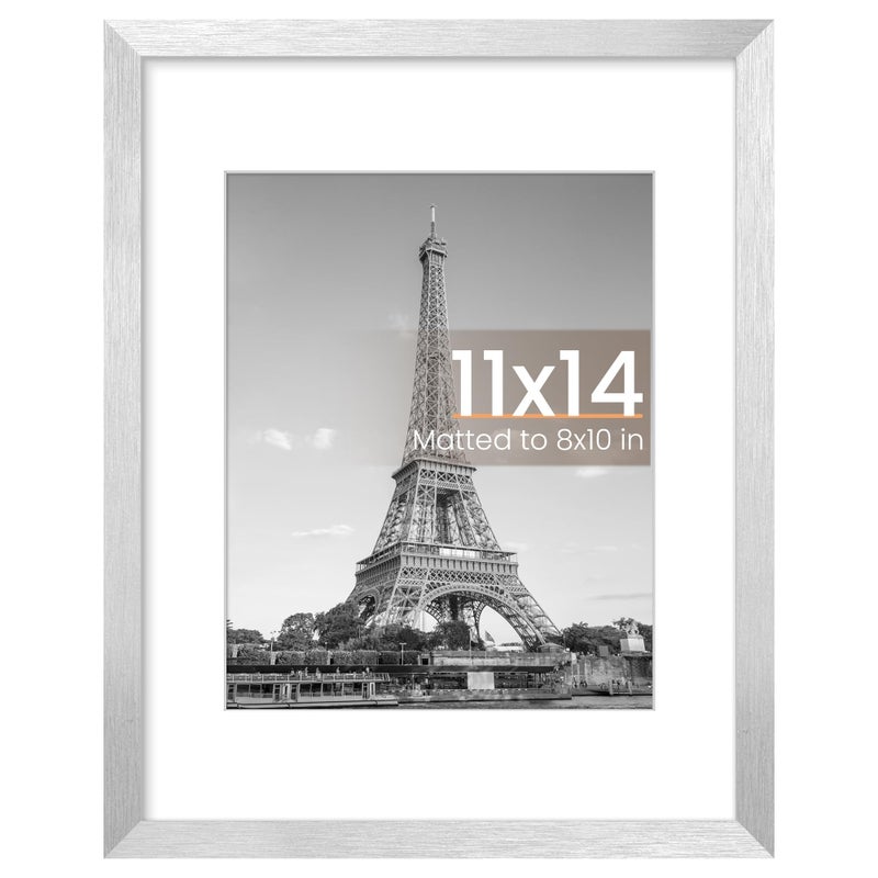 upsimples 11x14 Picture Frame, Display Pictures 8x10 with Mat or 11 x 14 Without, Wall Hanging Photo Frames, Silver, 1 Pack - Image 1