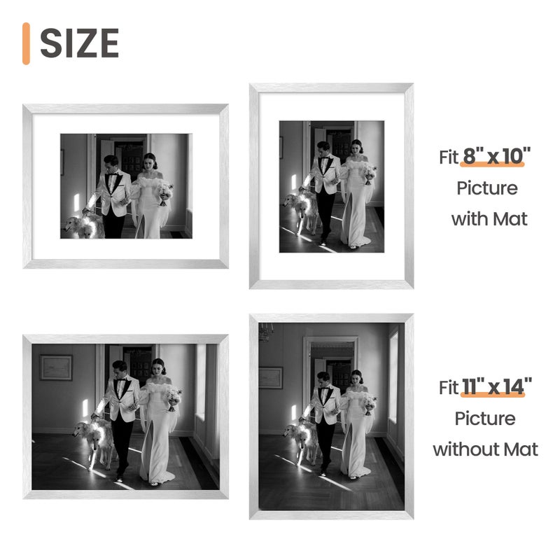 upsimples 11x14 Picture Frame, Display Pictures 8x10 with Mat or 11 x 14 Without, Wall Hanging Photo Frames, Silver, 1 Pack - Image 3