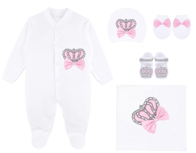 Lilax Baby Girl Newborn Jewels Crown Pink Take Me Home Layette 5 Piece Deluxe Gift Set - Image 2