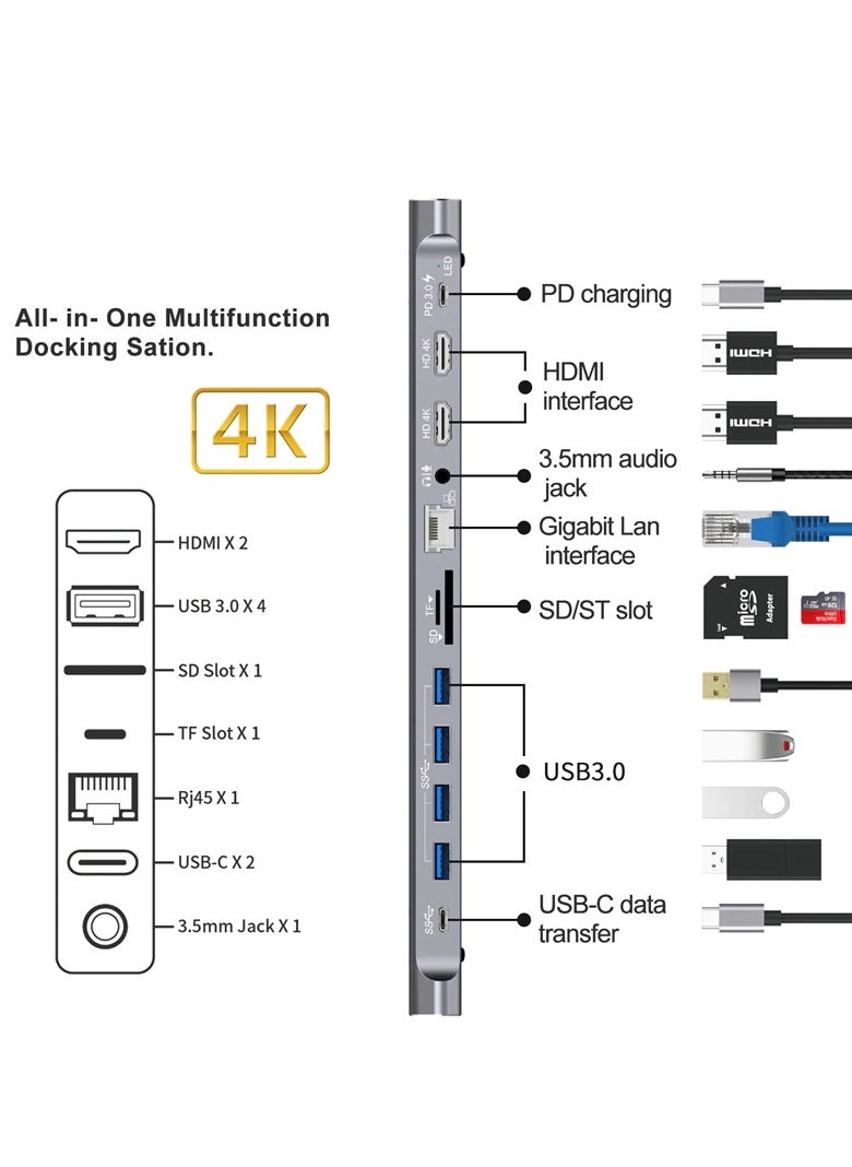 14 In 1 USB C Multi Function Docking Station Laptop Base For Network, 4K Ultra HD, Headphone, Support USB 3.0, SD Card, TF Card  And PD 3.0