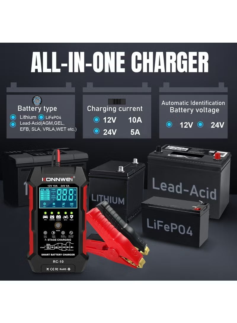 Konnwei 12V 10A 24V 5A Car Battery Charger, Smart Fully Automatic Battery Charger, Pulse Repairing, Battery Repair for Car Truck Motorcycle Lawn Mower Boat Marine Lead Acid Batteries Deep-Cycle Battery - Image 4