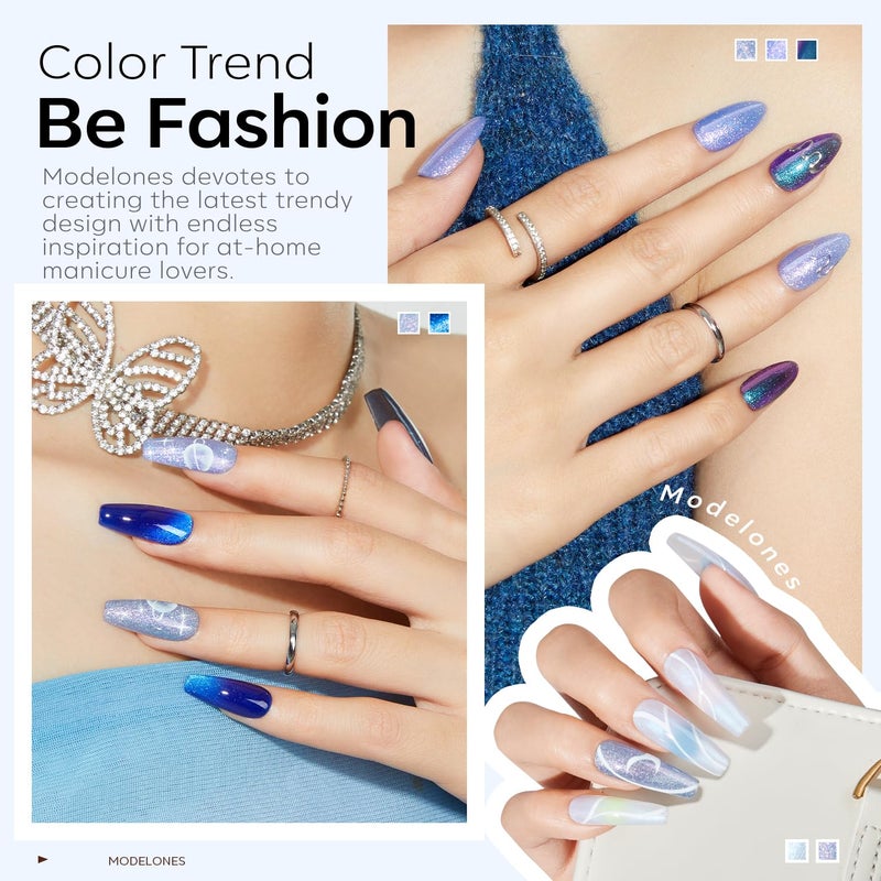 modelones Gel Nail Polish Set, 6 Colors Winter Icy Blue Collection Glitter Gel Polish Galaxy White Dark Blue 9D Cat Eye Nail Polish with Magnet Soak Off Led Nail Art Kit Salon DIY Gift - Image 4