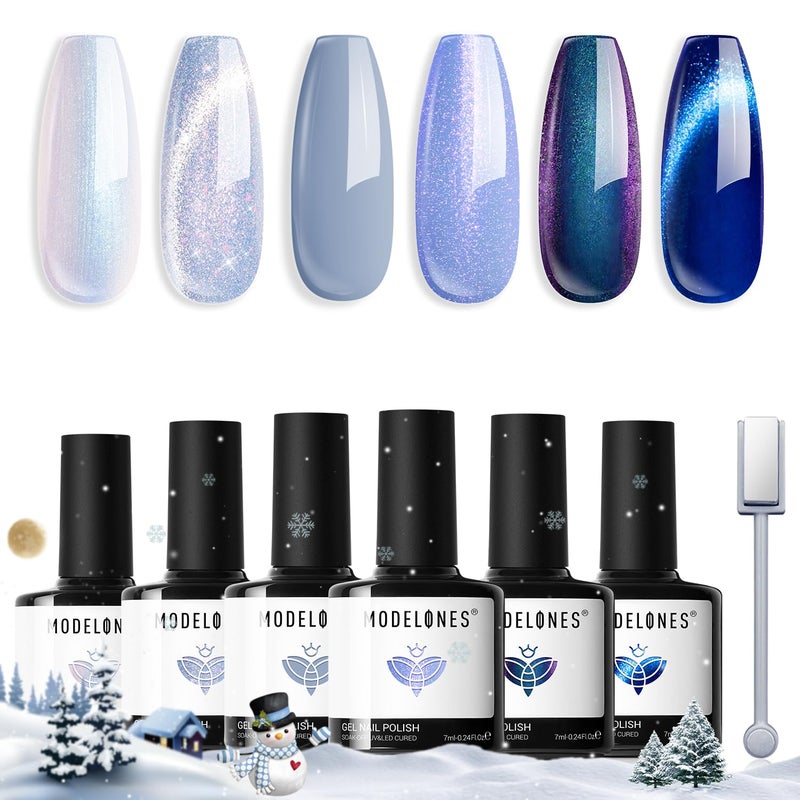 modelones Gel Nail Polish Set, 6 Colors Winter Icy Blue Collection Glitter Gel Polish Galaxy White Dark Blue 9D Cat Eye Nail Polish with Magnet Soak Off Led Nail Art Kit Salon DIY Gift - Image 1