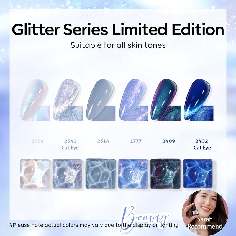 modelones Gel Nail Polish Set, 6 Colors Winter Icy Blue Collection Glitter Gel Polish Galaxy White Dark Blue 9D Cat Eye Nail Polish with Magnet Soak Off Led Nail Art Kit Salon DIY Gift - Image 3