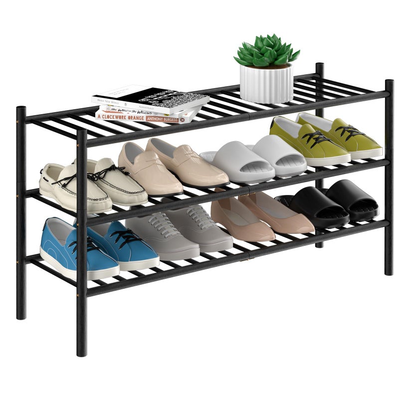 ROMGUAR CRAFT 3Tier Bamboo Long Shoe Rack Free Standing Wood Shoe Shelf Storage Organizer for Closet Entryway Stackable 35x11x20 Black