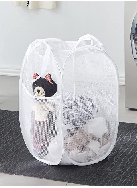 Foldable Pop Up Net Laundry Basket Storage Solution Compact Bin Mesh Collapsible Bag  Laundry Hamper  Collapsible Laundry Basket with Durable Handles & Side