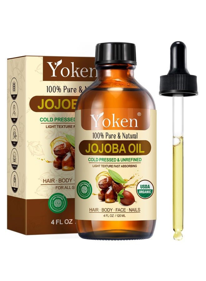 Yoken Jojoba Oil 4 fl oz EWG Verified 100% Pure Jojoba Oil Cold Pressed for Skin, Hair, Nails, Cuticles - Unrefined & Hexane Free, Natural Moisturizer Carrier oils Facial Serum for Gua Sha - Image 1