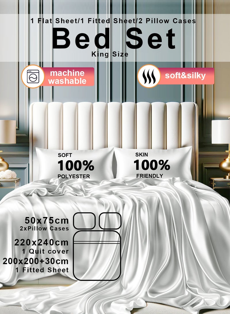 عربست 4 قطع طقم ملاءات سرير بحجم كينغ كامل 1 غطاء لحاف (220*240) 1 ملاءة سرير جاهزة (200*200+30) 2 غطاء مخدة (50*75) حريري ساتان أبيضشرشف سرير  - Image 1
