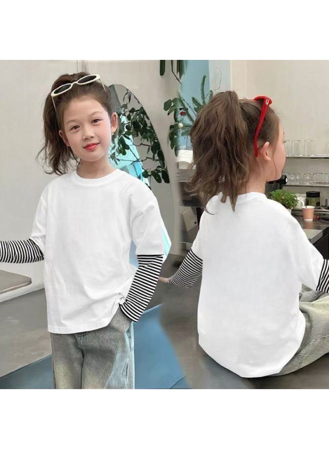 Pure Cotton T-shirt Long-sleeved Fake Two-piece New Kidsren's Bottoming Shirt Girls Spring & Fall Korean Style Tops For Outer Wear Trendy