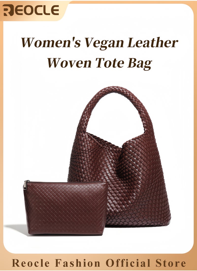 REOCLE - Women's Woven Bag Vegan Leather Tote Bag Large Summer Beach Travel Handbag and Purse Retro Handmade Shoulder Bag - Image 1