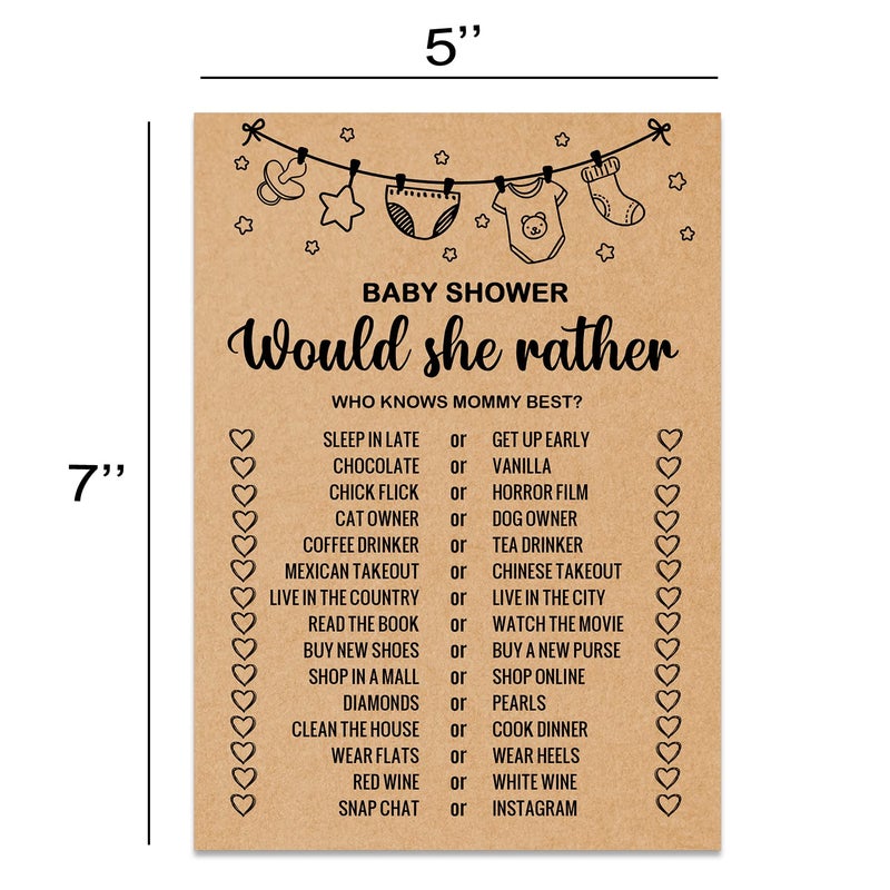 Misaidou Baby Shower Game Cards, Would She Rather Baby Shower Games Ideas, Set of 30 Cards, Rustic Bridal Wedding Showers or Bachelorette Party Game, Kraft - Image 2