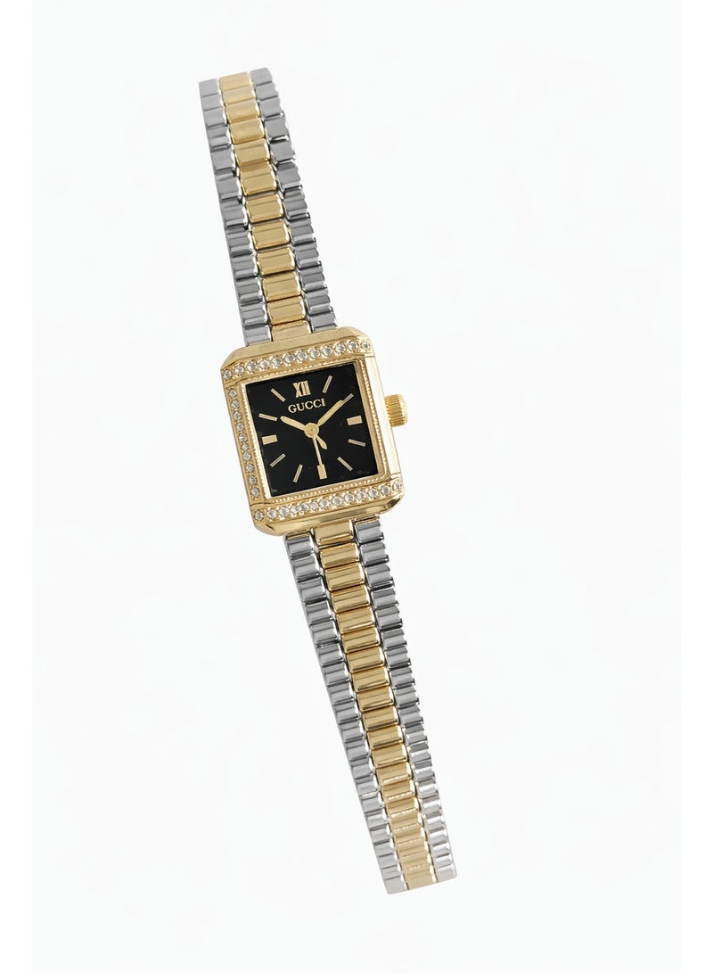 Women’s Square Quartz Watch with Crystal Bezel & Two-Tone Stainless Steel Bracelet