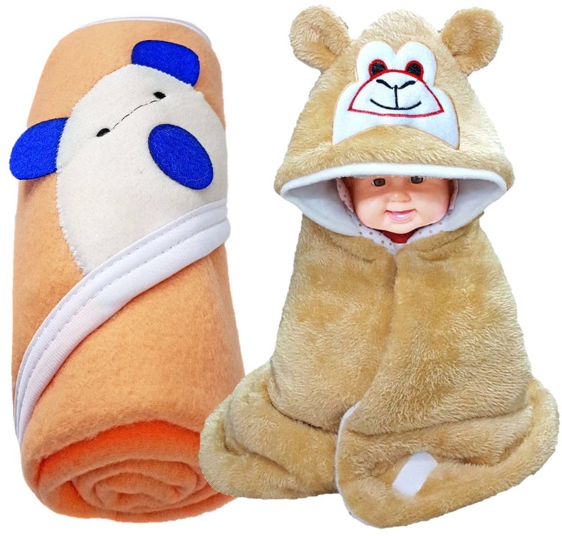 Brandonn BRANDONN Newborn Combo of Shearing Velvet and Fleece Hooded Baby Blanket (Pack of 2, Beige) - Image 1