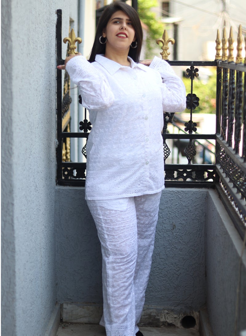 TUMMY Off-White Cotton Chikan 2pc Shirt Pant Cordset Set - Image 1