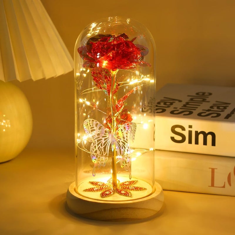 Goodern Colorful Artificial Flower Rose Gift,LED Light Forever Rose Gifts in Glass Dome,Galaxy Rose Crystal Flower for Women,Wife,Valentines Day,Mothers Day,Birthday,Wedding Party Decoration-Red - Image 1
