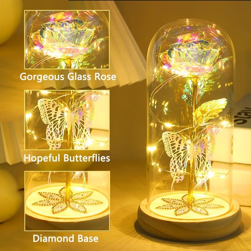 Goodern Colorful Artificial Flower Rose Gift,LED Light Forever Rose Gifts in Glass Dome,Galaxy Rose Crystal Flower for Women,Wife,Valentines Day,Mothers Day,Birthday,Wedding Party Decoration-Red - Image 3