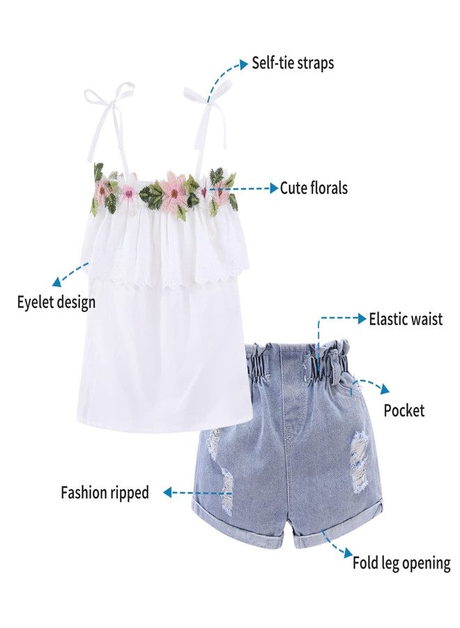 Mud Kingdom Little Girls Denim Shorts Set White Floral Cold Shoulder Size 6 - Image 2